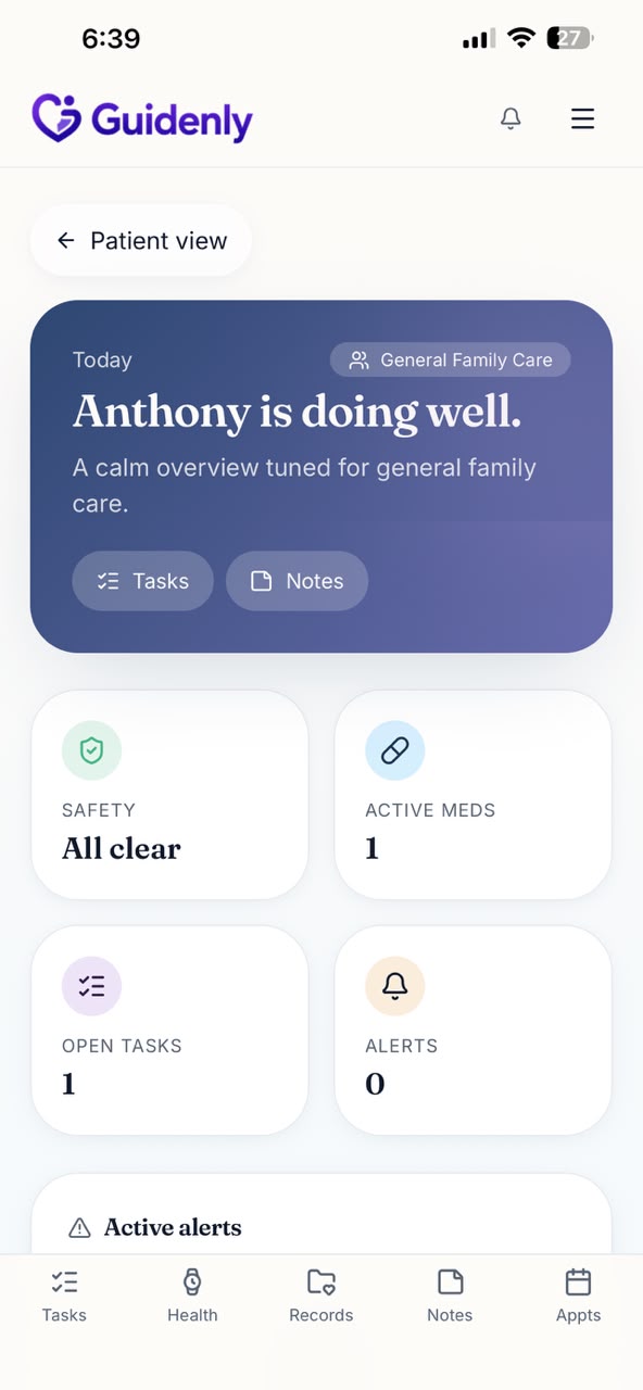 Guidenly patient view on a phone, showing today's summary, medications and tasks
